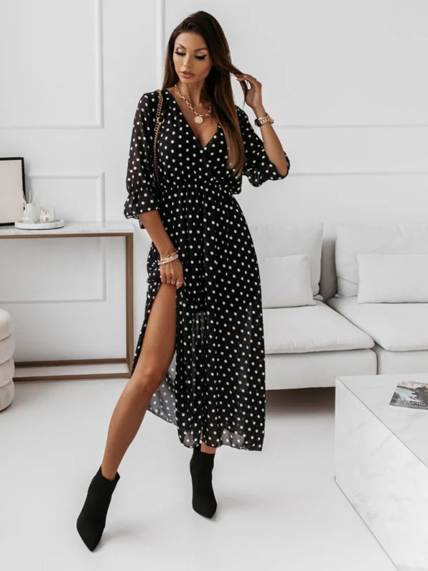 V-neck slim fit side slit chiffon print dress