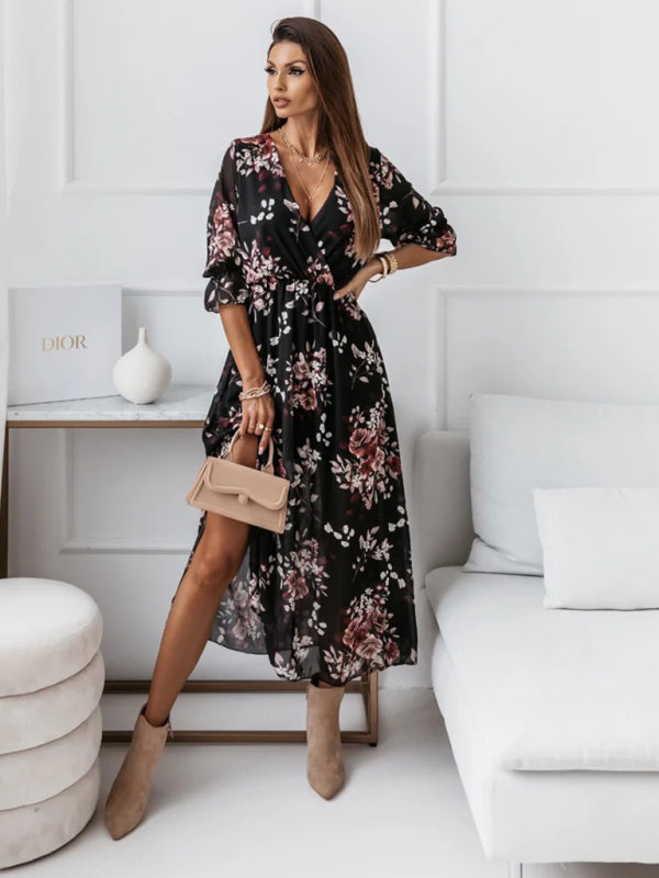 V-neck slim fit side slit chiffon print dress