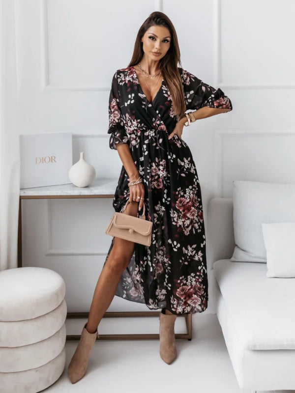 V-neck slim fit side slit chiffon print dress