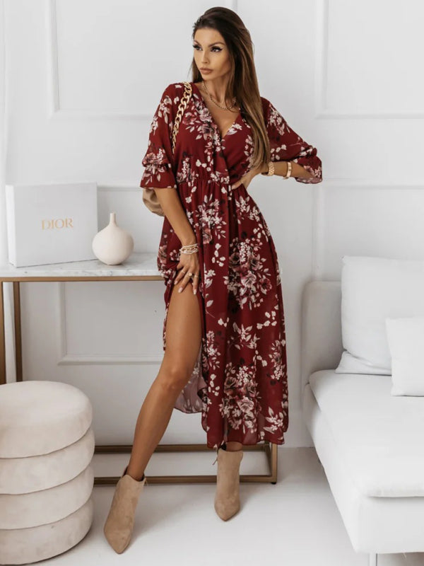 V-neck slim fit side slit chiffon print dress