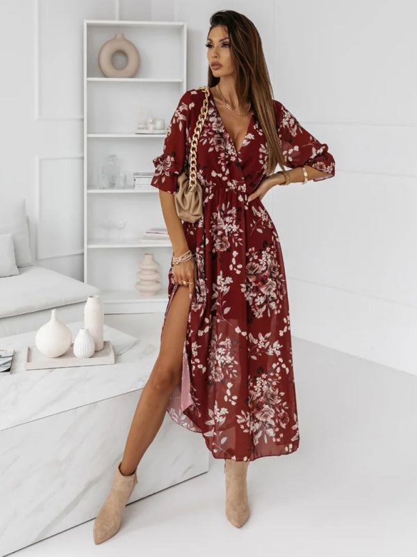 V-neck slim fit side slit chiffon print dress