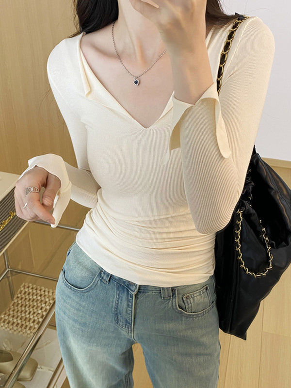 Women's V-neck bell sleeve slim knitted top