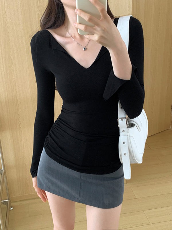 Women's V-neck bell sleeve slim knitted top