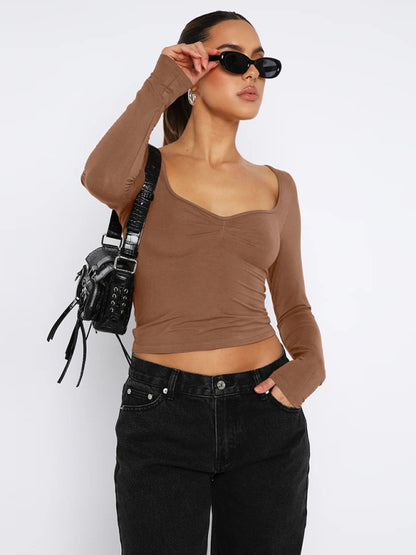 Elegant long-sleeved square-neck knitted top