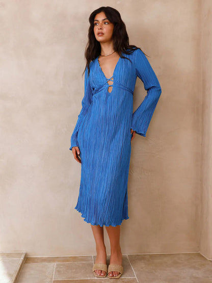 Women's lace-up pleated bell sleeve dress