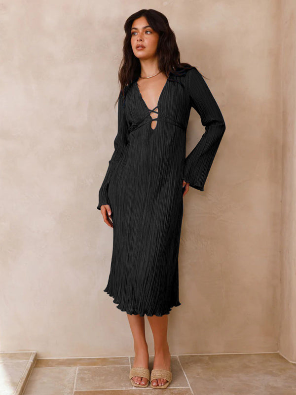 Women's lace-up pleated bell sleeve dress
