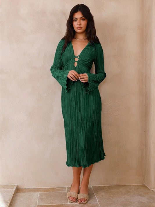 Women's lace-up pleated bell sleeve dress