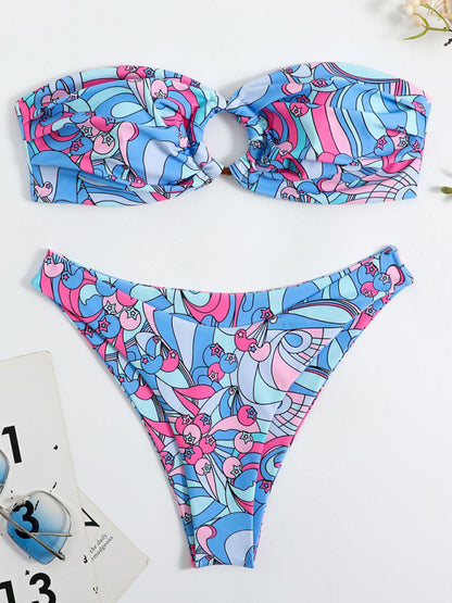 Women's New Split Digital Printed Bandeau Double Fabric Swimsuit Bikini