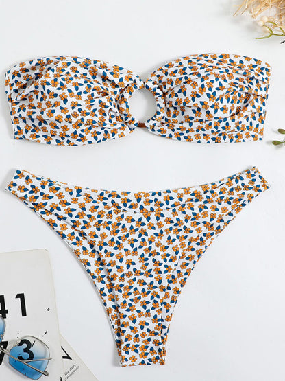 Women's New Split Digital Printed Bandeau Double Fabric Swimsuit Bikini