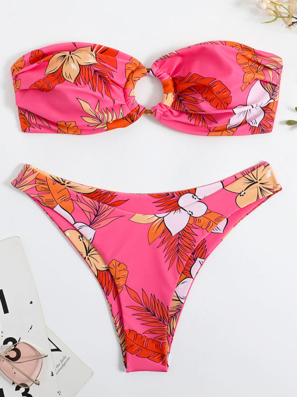 Women's New Split Digital Printed Bandeau Double Fabric Swimsuit Bikini