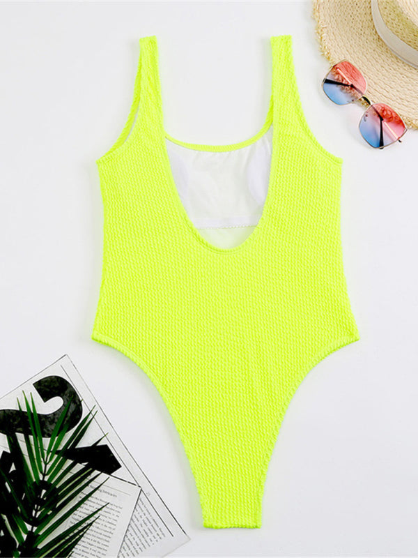 Women's Candy Color Fluorescent Pleated Fabric One-Piece Swimsuit