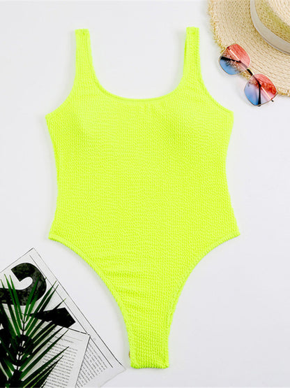 Women's Candy Color Fluorescent Pleated Fabric One-Piece Swimsuit