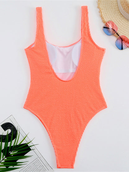 Women's Candy Color Fluorescent Pleated Fabric One-Piece Swimsuit