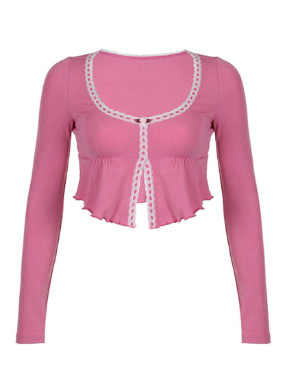 U-shaped collar Y2K irregular ruffled slim long-sleeved top