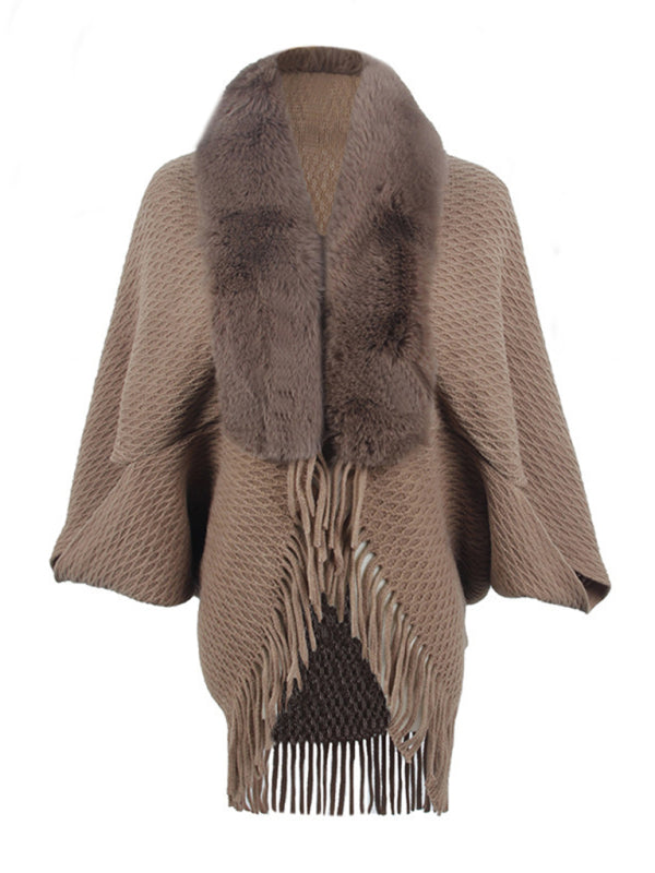 Women's fur collar knitted tassel cape cardigan