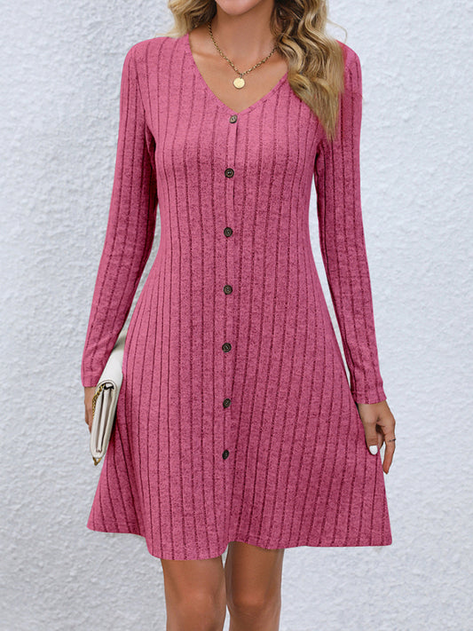 Women's Fashion Button Waist Long Sleeve Dress