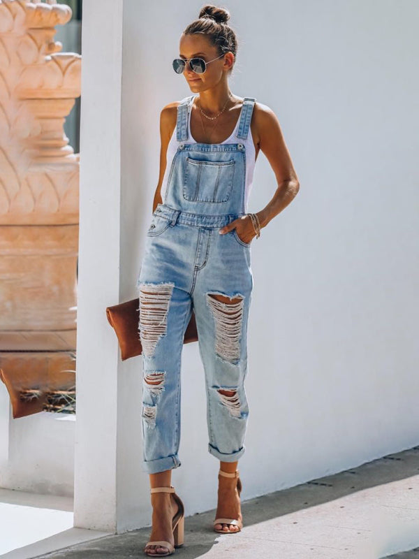 New style casual commuting ripped mid-waist denim jumpsuit