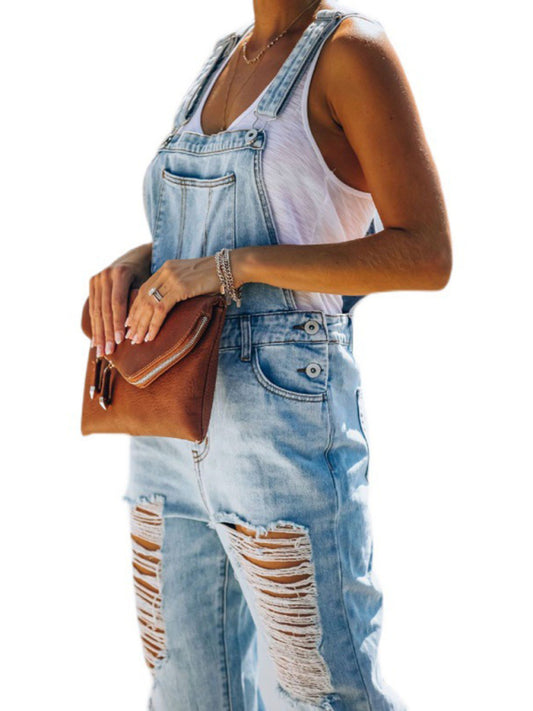 New style casual commuting ripped mid-waist denim jumpsuit