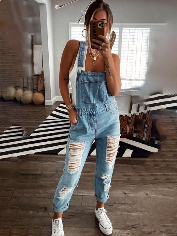 New style casual commuting ripped mid-waist denim jumpsuit