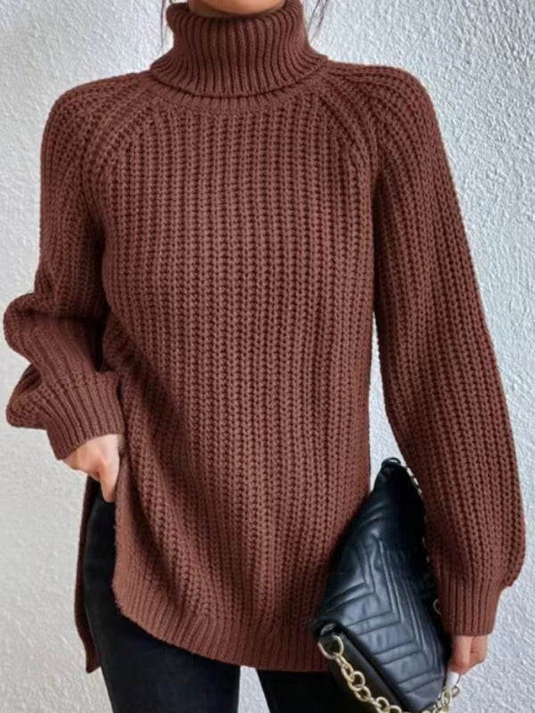 Women's casual pullover turtleneck slit loose sweater