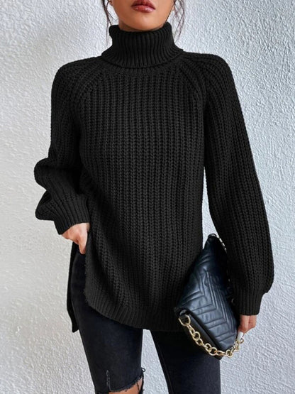 Women's casual pullover turtleneck slit loose sweater