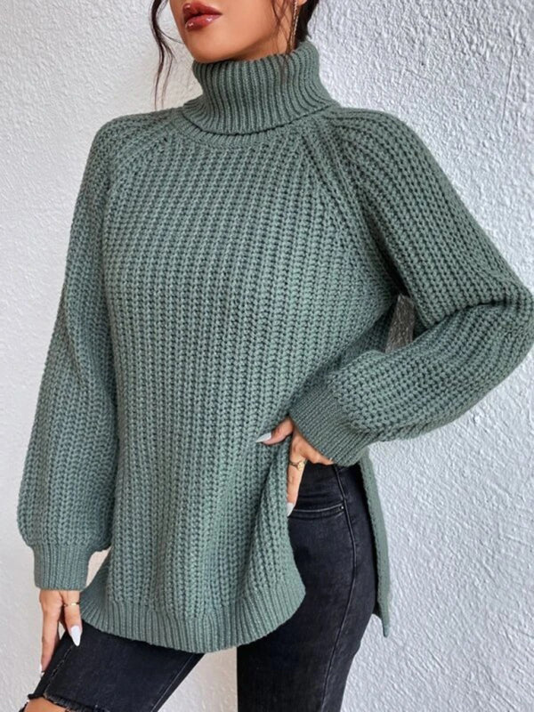 Women's casual pullover turtleneck slit loose sweater