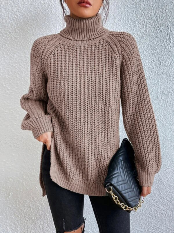 Women's casual pullover turtleneck slit loose sweater