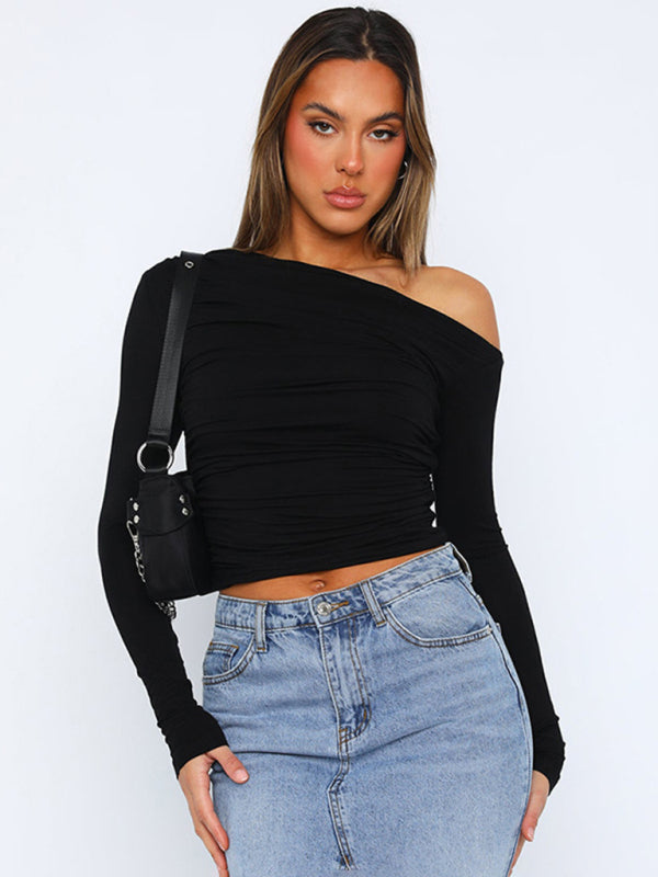 Off-shoulder long-sleeved gathered midriff-baring knit top