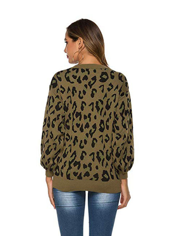 Women's lantern sleeve loose leopard print knitted sweater