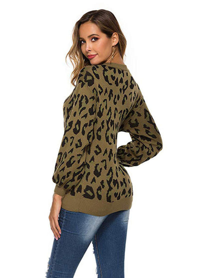 Women's lantern sleeve loose leopard print knitted sweater