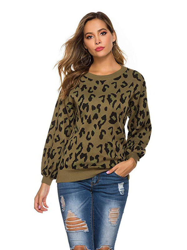 Women's lantern sleeve loose leopard print knitted sweater