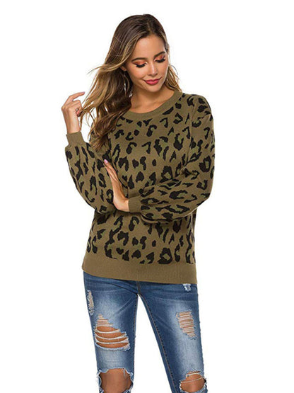 Women's lantern sleeve loose leopard print knitted sweater