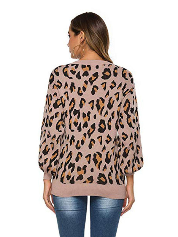 Women's lantern sleeve loose leopard print knitted sweater