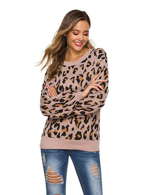 Women's lantern sleeve loose leopard print knitted sweater