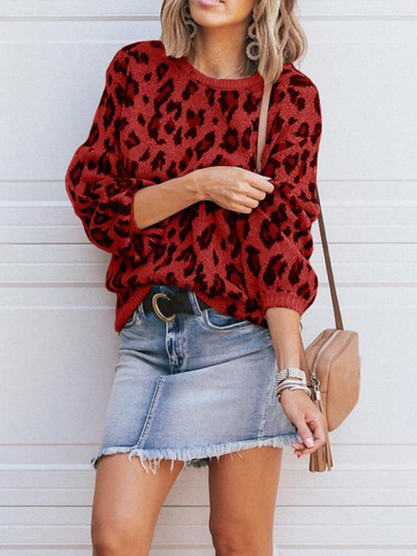 Women's lantern sleeve loose leopard print knitted sweater