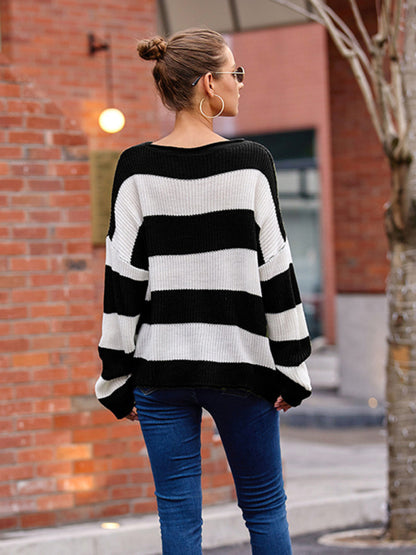 Women's rolled round neck striped color block sweater