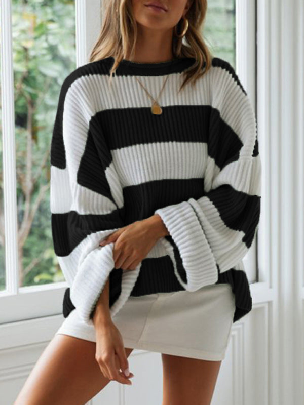 Women's rolled round neck striped color block sweater