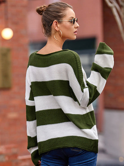 Women's rolled round neck striped color block sweater