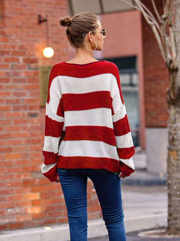 Women's rolled round neck striped color block sweater