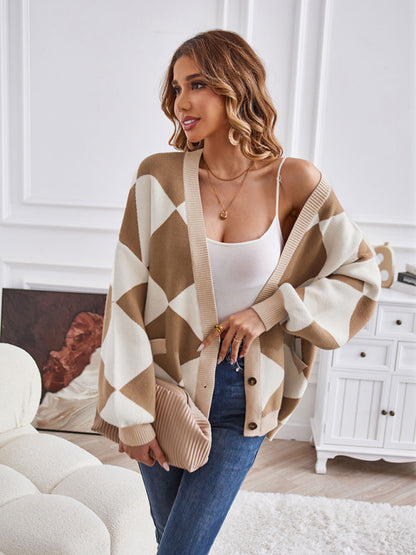 Women's V-neck geometric splicing casual loose jacket cardigan