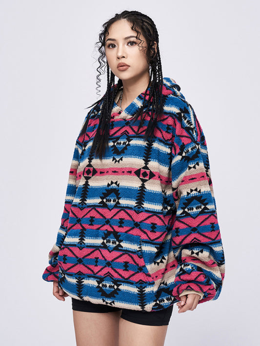 Ethnic pattern loose teddy fur hooded sweatshirt