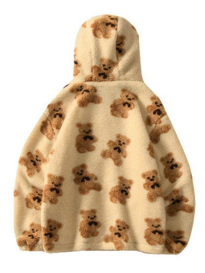 Teddy pattern loose teddy fur hooded sweatshirt