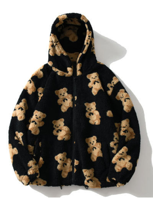 Teddy pattern loose teddy fur hooded sweatshirt