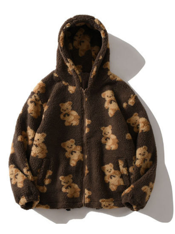 Teddy pattern loose teddy fur hooded sweatshirt