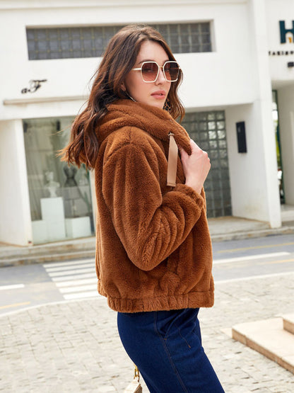 Plush hooded long sleeve warm short jacket