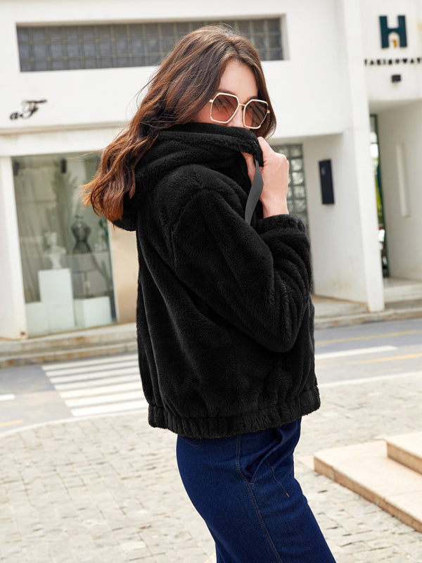 Plush hooded long sleeve warm short jacket