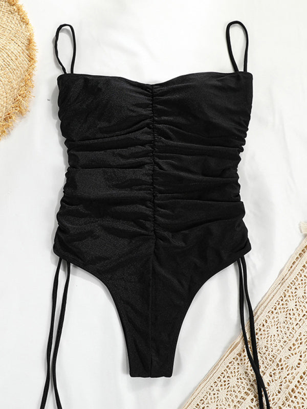 New drawstring one-piece swimsuit solid color pleated sexy suspender bikini