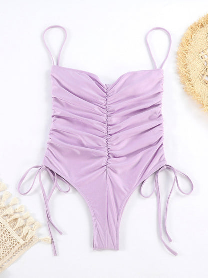 New drawstring one-piece swimsuit solid color pleated sexy suspender bikini