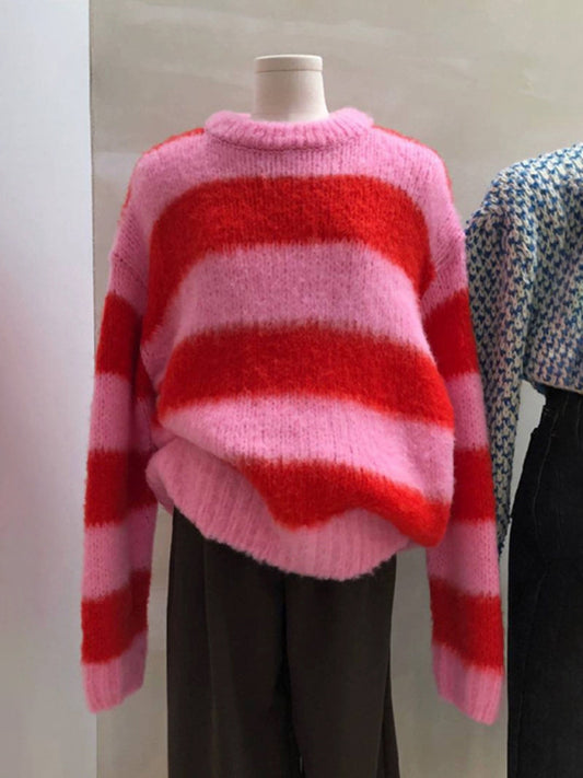 Women's color block striped crew neck sweater warm pullover sweater