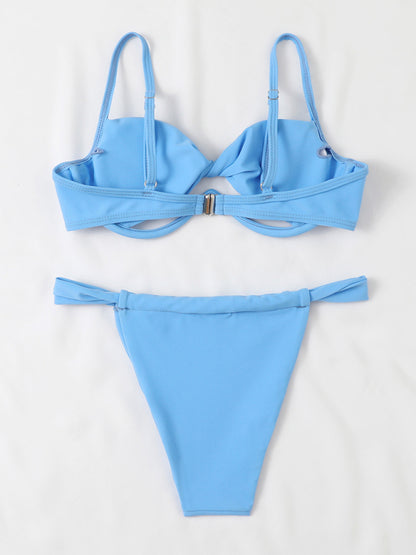 New solid color twist bag V drag hollow sexy bikini